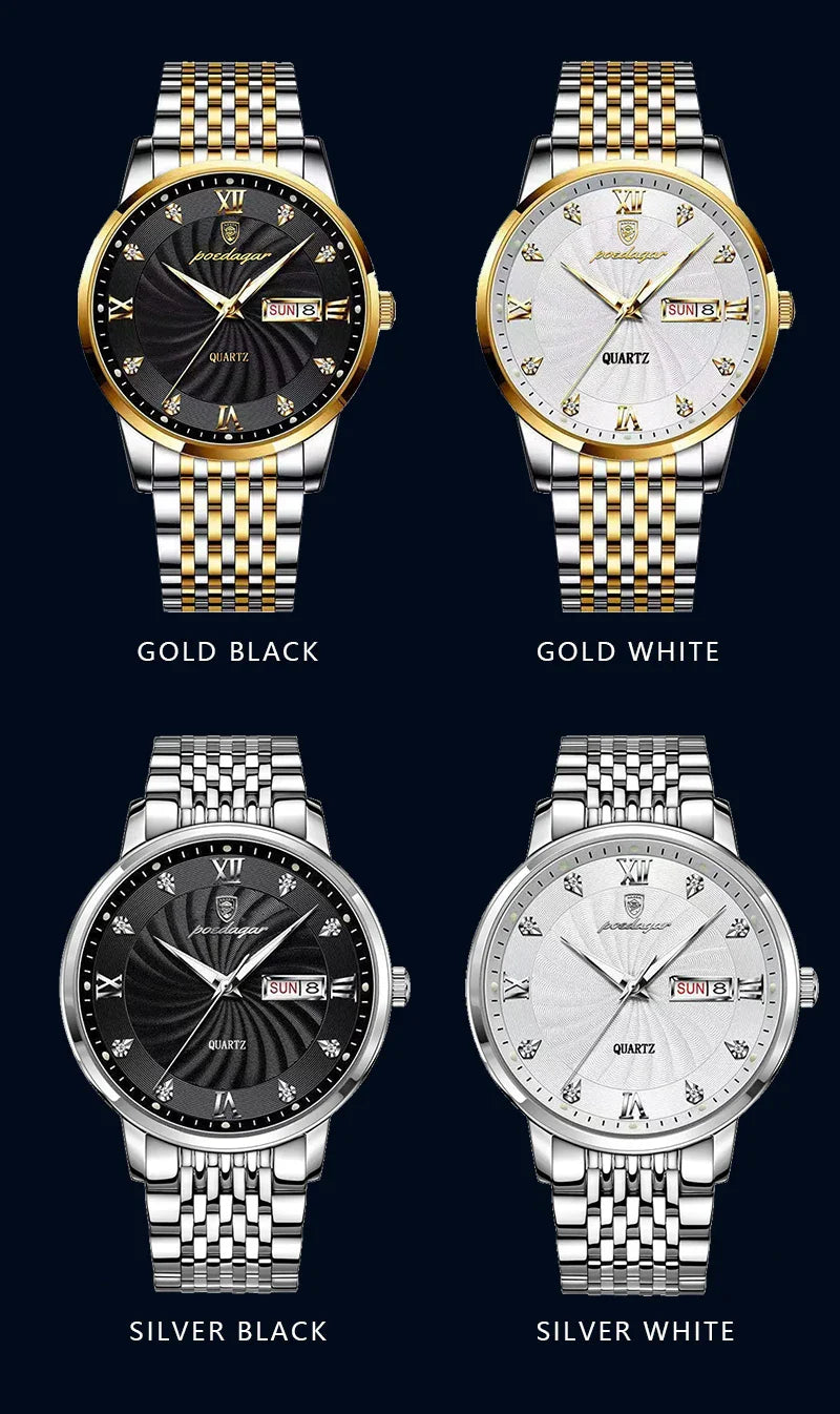 POEDAGAR Luxury Men's Watch — Waterproof Luminous Quartz Wristwatch with Date & Week, Stainless Steel Sports Fashion
