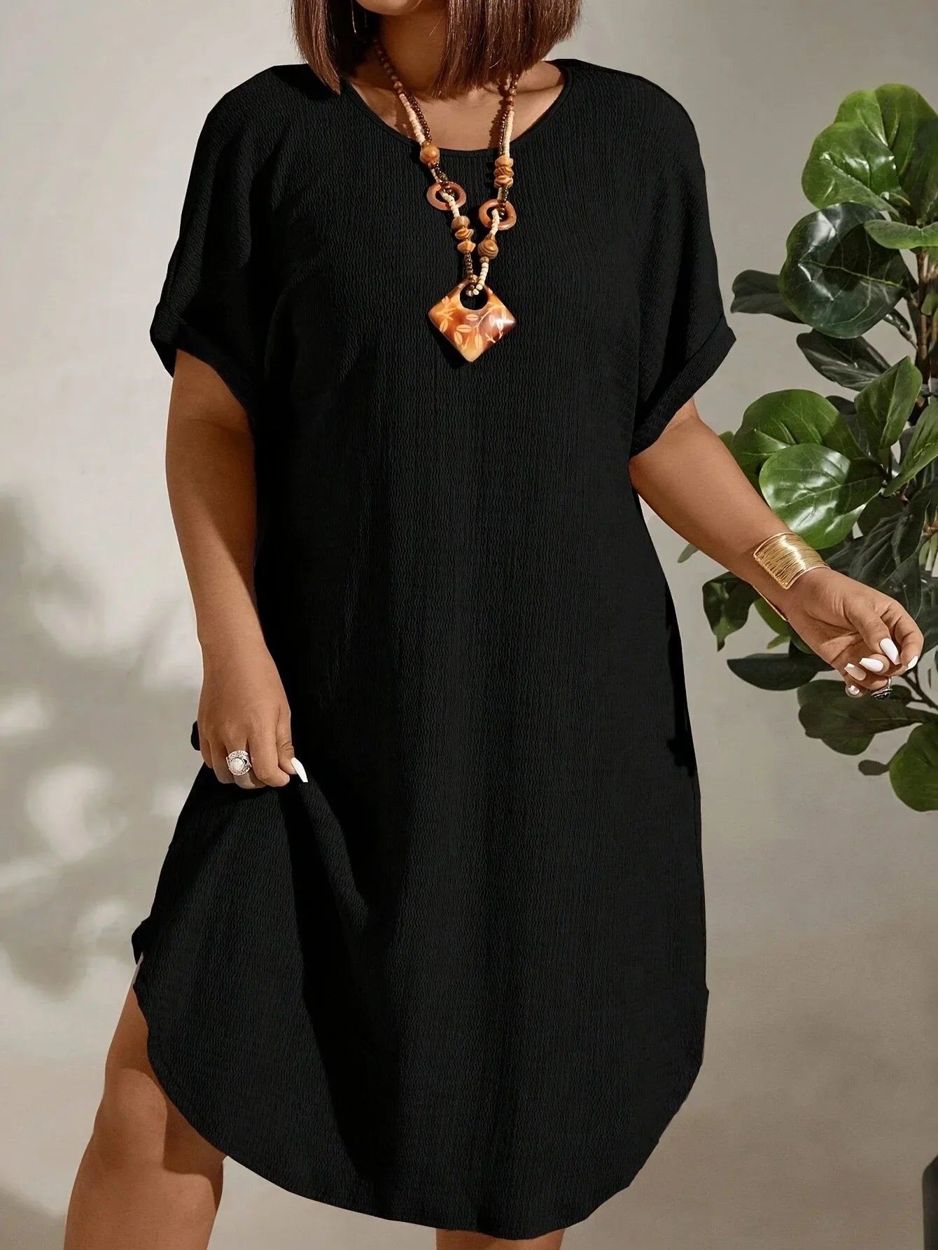 Plus Size Women’s Summer Short Sleeve Dress – 2025 Solid Color Casual European & American Style Outfit