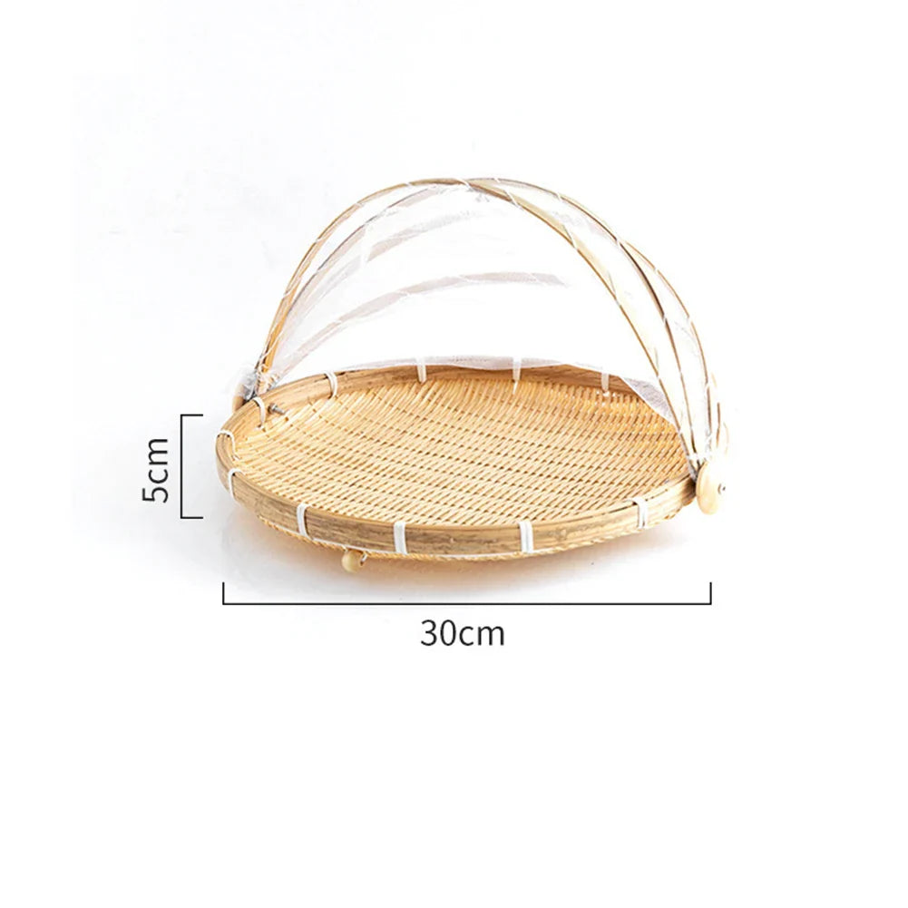 Bamboo Woven Basket with Anti-Mosquito Net – Portable Outdoor Fruit & Vegetable Tray with Mesh Cover