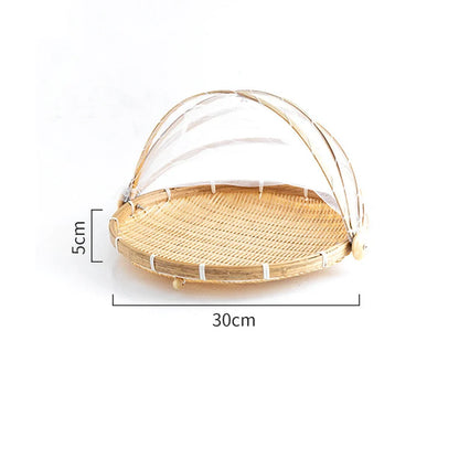 Bamboo Woven Basket with Anti-Mosquito Net – Portable Outdoor Fruit & Vegetable Tray with Mesh Cover