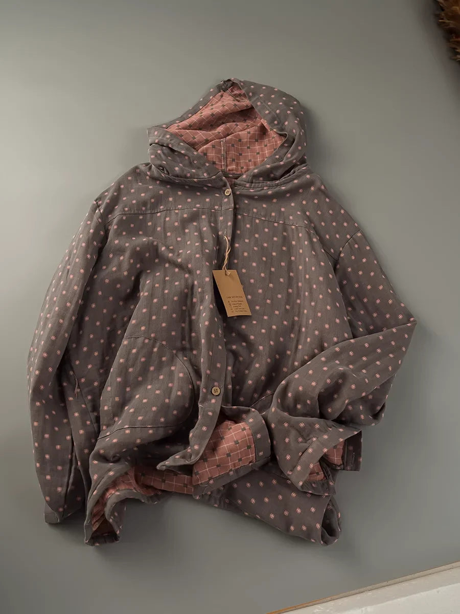 100% Cotton Plaid Hooded Shirt - Women's Casual Oversized Long Sleeve Top for Spring & Autumn