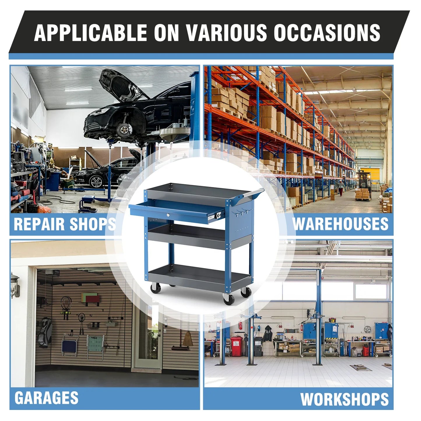 AIRAJ 3-Tier Rolling Tool Cart on Wheels - 440 lbs Capacity Storage for Garage & Warehouse, Available in Blue/Black/Red
