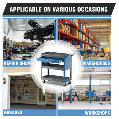 AIRAJ 3-Tier Rolling Tool Cart on Wheels - 440 lbs Capacity Storage for Garage & Warehouse, Available in Blue/Black/Red
