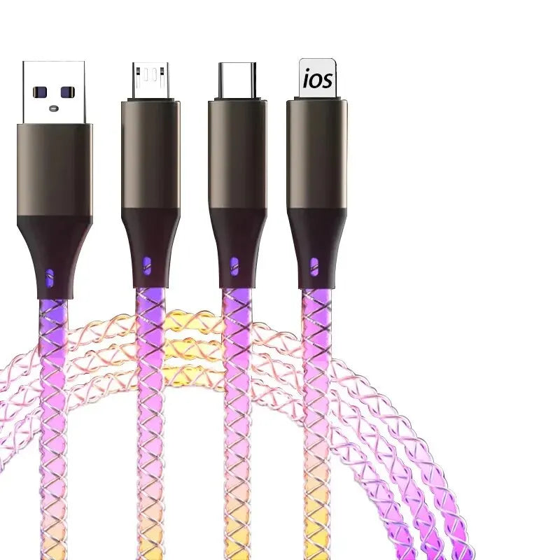 6A RGB 3-in-1 Fast Charging Cable – Colorful Breathing Light USB Data Cord for Car & Universal Use
