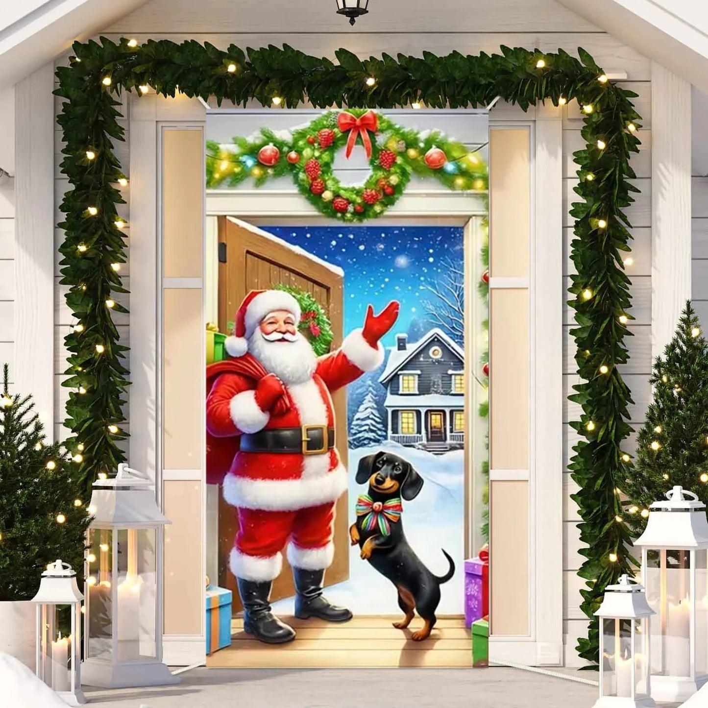 Cute Animals Christmas & New Year Door Cover – Dog, Cat, Snowman, Gingerbread Man Holiday Outdoor Winter Decoration Gift