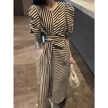 Women’s Summer French Striped Dress – Puff Sleeve Slim Waist Casual Runway Vestidos Robe