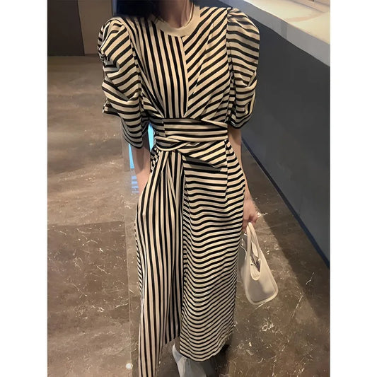 Women’s Summer French Striped Dress – Puff Sleeve Slim Waist Casual Runway Vestidos Robe