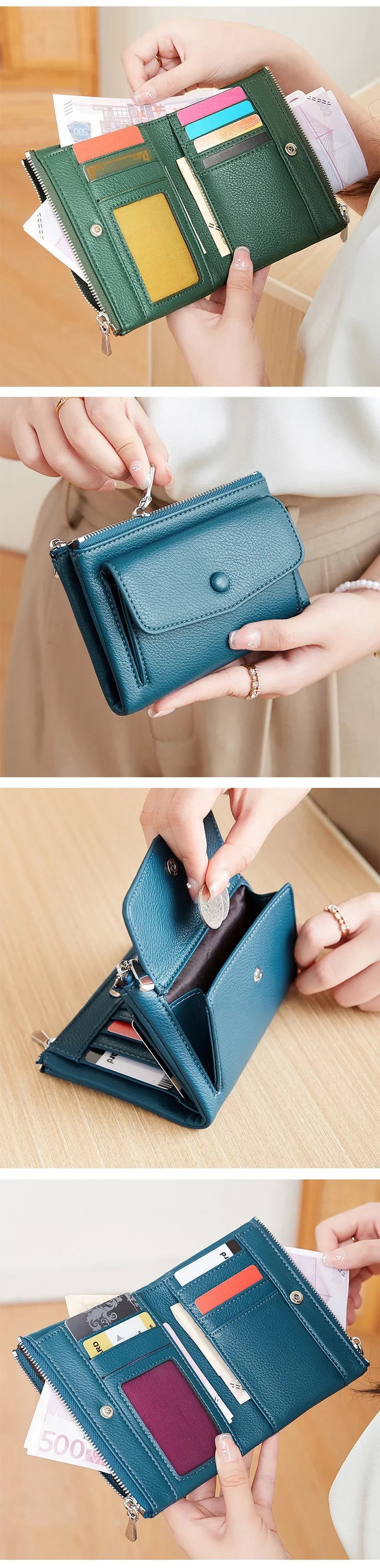 Women’s PU Leather Short Double Zipper Wallet – Simple Solid Color, Large Capacity Credit Card Holder with Coin Pocket