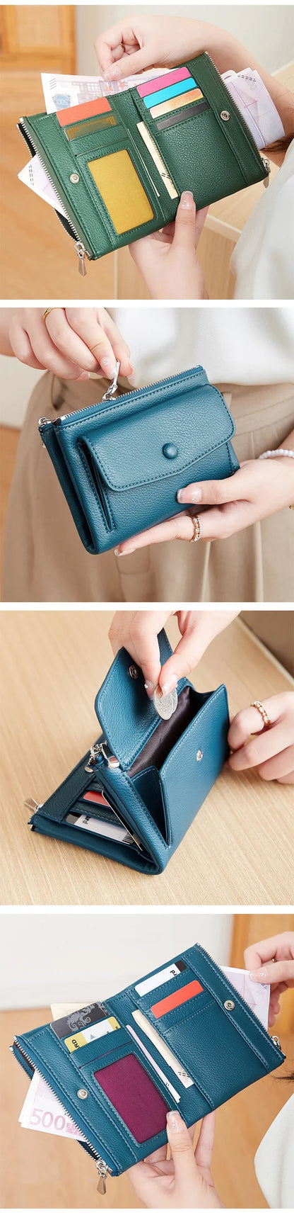 Women’s PU Leather Short Double Zipper Wallet – Simple Solid Color, Large Capacity Credit Card Holder with Coin Pocket