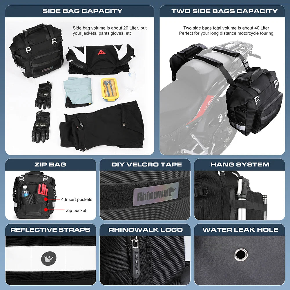 Rhinowalk Motorcycle Saddlebag 20L-30L – Universal Side Bag with Removable 100% Waterproof Inner Liner for Travel Motorbike Luggage
