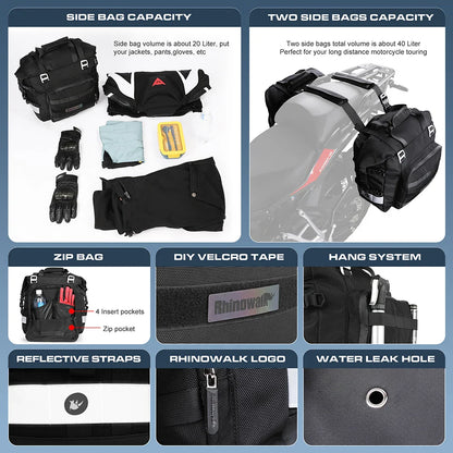 Rhinowalk Motorcycle Saddlebag 20L-30L – Universal Side Bag with Removable 100% Waterproof Inner Liner for Travel Motorbike Luggage