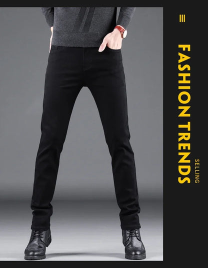 Men’s Spring Autumn Slim Black Jeans — Elastic Straight Korean Vintage Denim Pants for Business & Casual Wear
