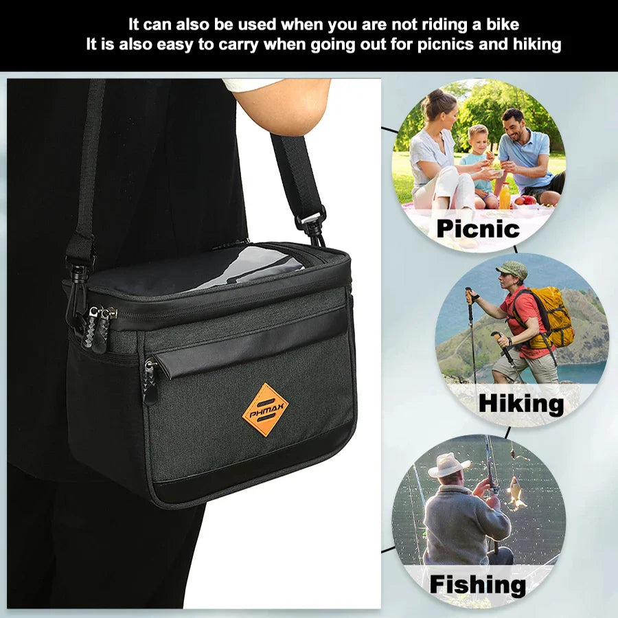 PHMAX Insulated Cycling Front Handlebar Bag – Large Waterproof MTB Pannier with Touch Screen & Cooler Compartment