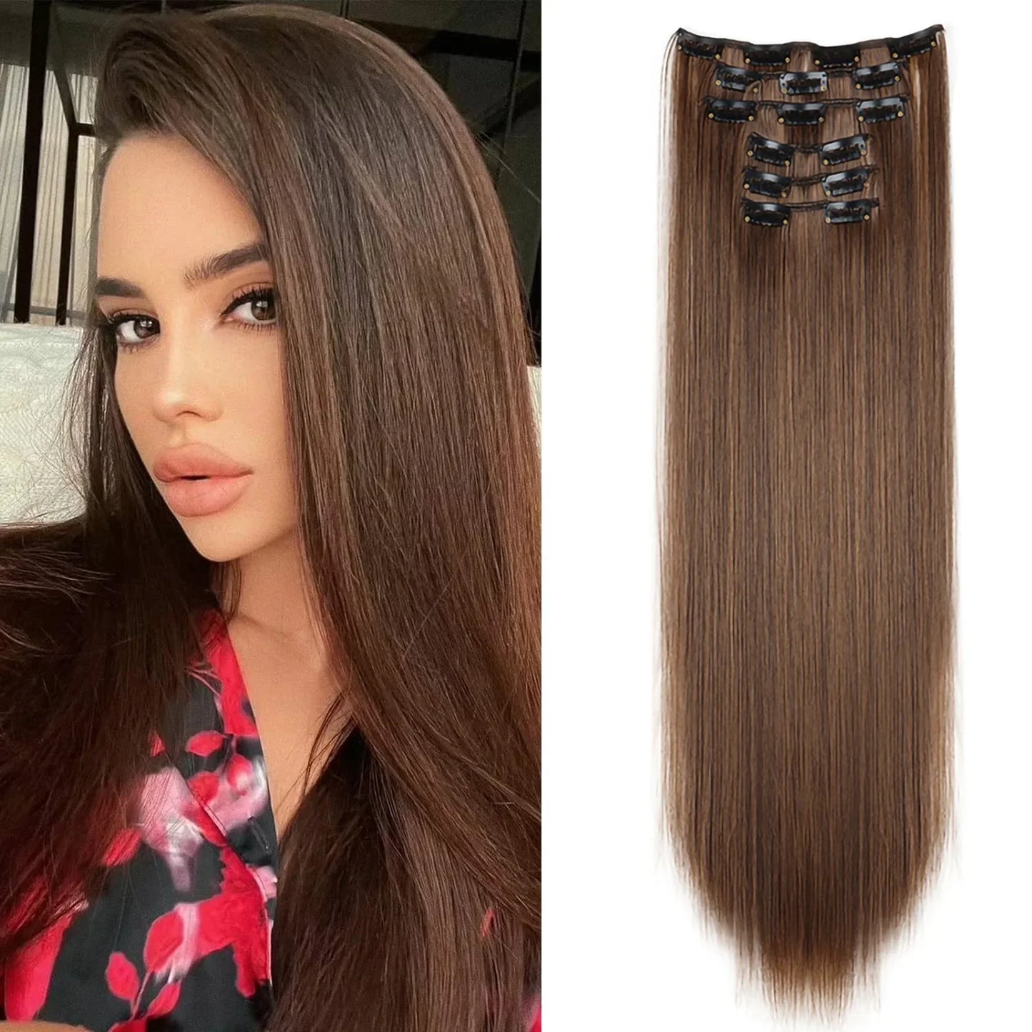 24-Inch 16 Clips-in Hair Extensions – Long Straight Synthetic Blonde & Black Hairpieces, Heat Resistant for Daily Use