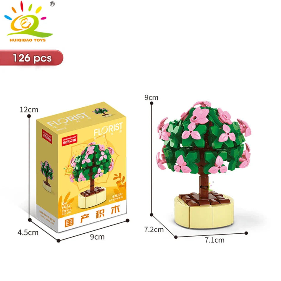 HUIQIBAO MOC Flower & Succulent Potted Building Block Set – DIY Eternal Bouquet, Home Desk Plant Decor, Girls & Kids Toy Gift
