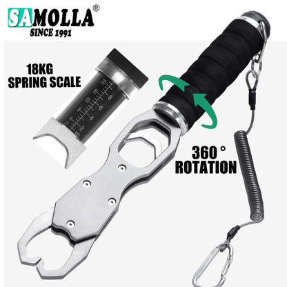 SAMOLLA Aluminum Fishing Grip Pliers - 18KG Spring Scale 360° Rotating Adjustable Fish Grabber Tool
