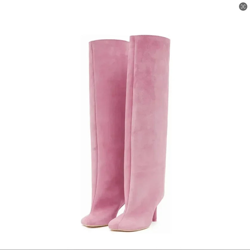 Women’s Suede Wide-Calf Knee-High Boots – Square Toe Stiletto Pull-On Riding Style Casual Chic Footwear