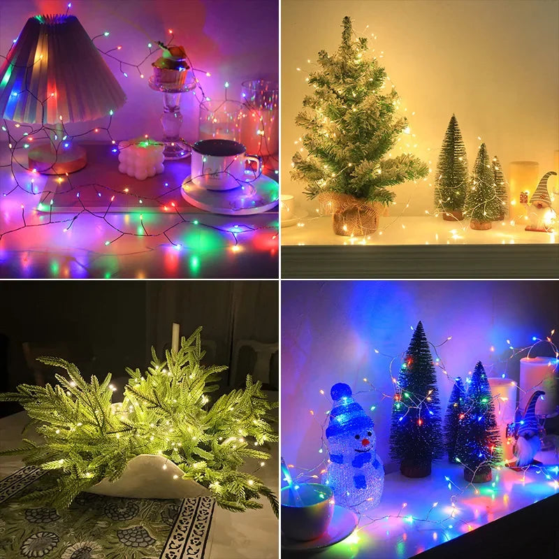 Outdoor Remote Control Copper Wire Lights — Starry Sky & Flower Wreath Decorative String Lights for Christmas & Holidays