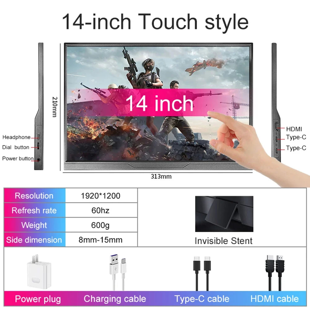 14-Inch Portable Touchscreen Monitor - 1200P IPS Ultra-Thin USB-C HDMI External Display for Laptop, PC, Phone, Switch, PS4/PS5 & Xbox