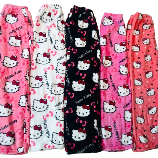 Kawaii Hello Kitty Flannel Pajama Pants – Warm Woolen Anime Trousers for Women, Cute Autumn Loungewear Gift