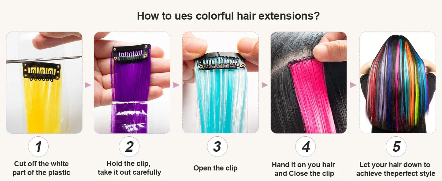 1/5/11 Pack 22" Clip-In Multi-Color Rainbow Hair Extensions – Synthetic Highlights for Girls, Women & Kids