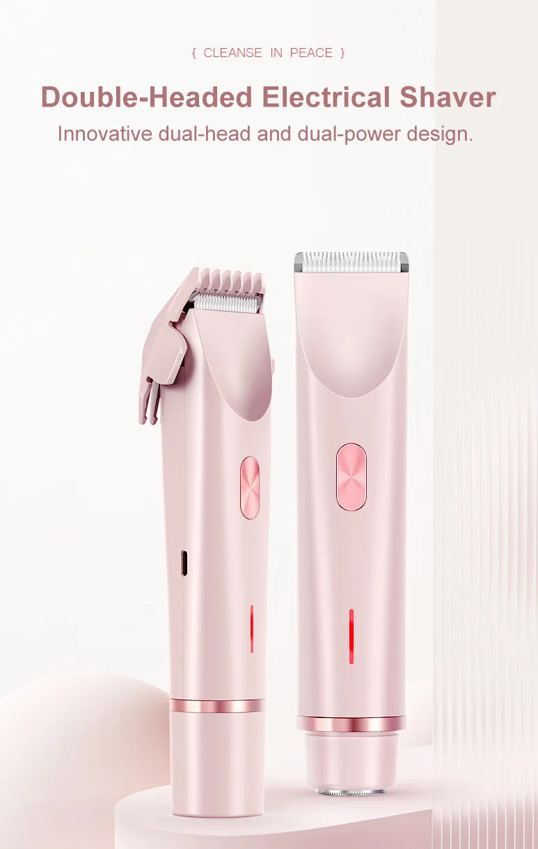 2-in-1 Dual-Head Electric Razor for Women – Painless Bikini Trimmer Wet & Dry Use with Detachable Heads