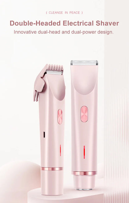 2-in-1 Dual-Head Electric Razor for Women – Painless Bikini Trimmer Wet & Dry Use with Detachable Heads