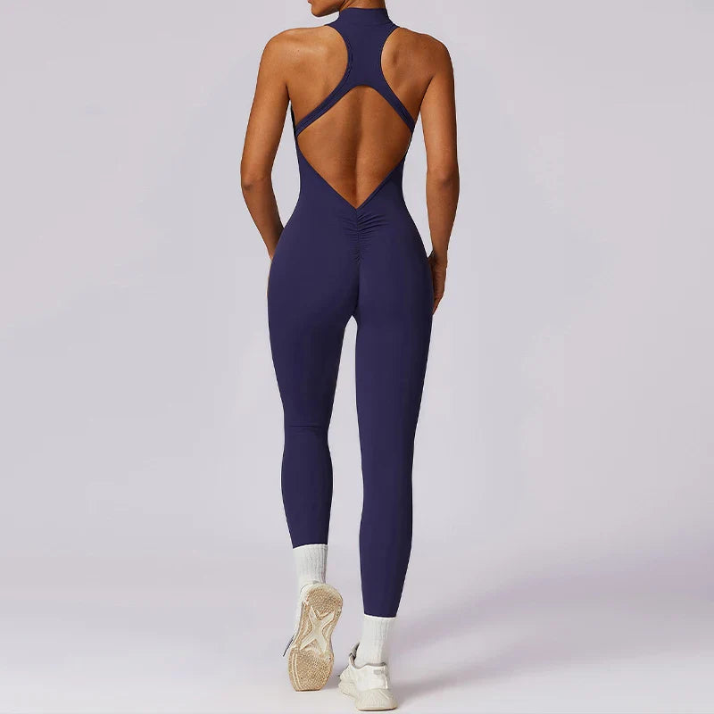 Women’s V-Back One-Piece Sports Jumpsuit — Sleeveless Yoga Romper with Zipper Workout Bodysuit