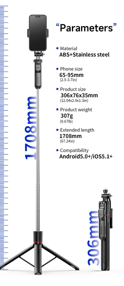 MEUYAG Selfie Stick Tripod – 1708mm Monopod with Fill Light, Bluetooth Remote, 360° Rotation & 1/4” Interface for Mobile Phones