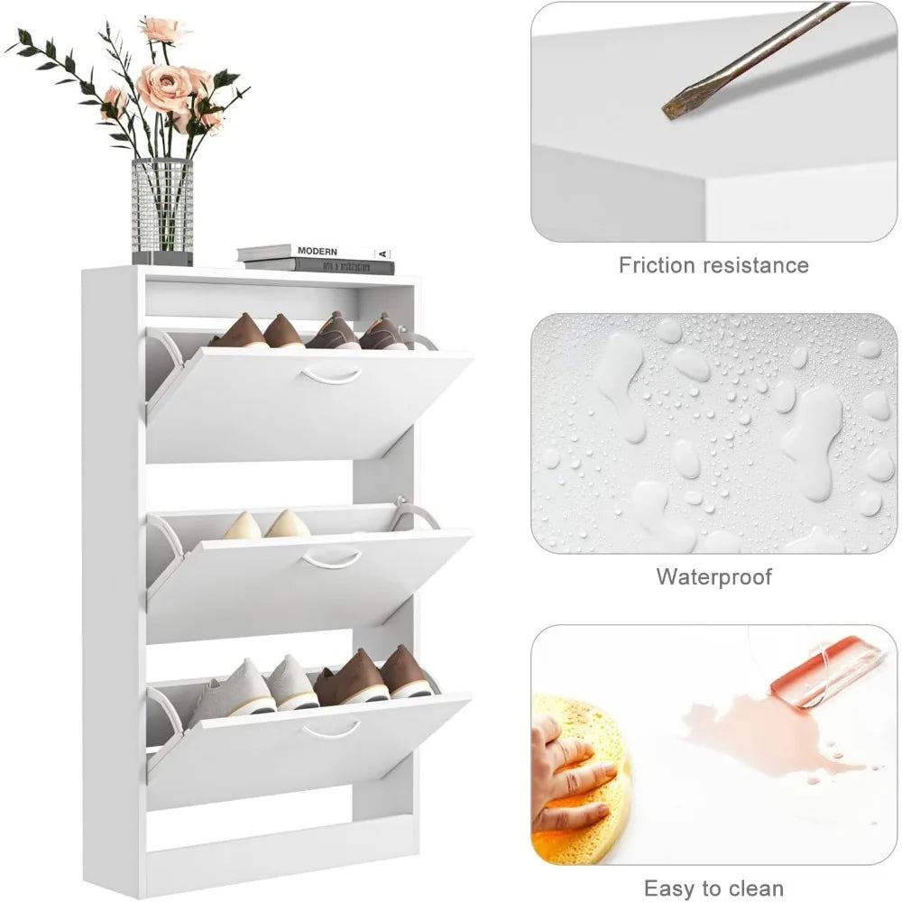 3-Drawer Wooden Shoe Cabinet — Narrow Freestanding Organizer for Entryway & Bedroom, White