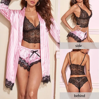 Stylish Women's Summer Lace Satin Sleepwear Set - Comfortable Pajama Pants and Silk Robe for a Sexy and Cozy Night