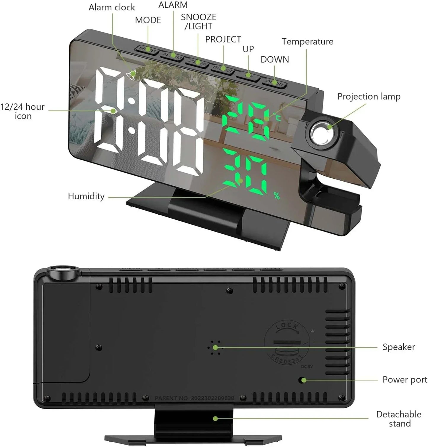 LED Digital Projection Alarm Clock – Ceiling Projector with Time, Temperature Display, Backlight & Snooze Function for Home