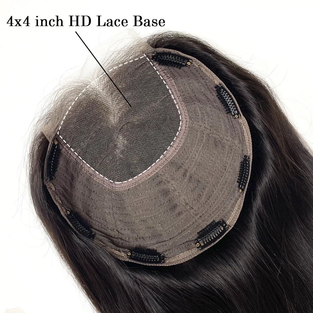 Virgin Human Hair 8x8 Inch Wefted Topper – 4x4 Inch HD Lace Base, Natural Black & Brown Hair Clips, Hairpiece for Women
