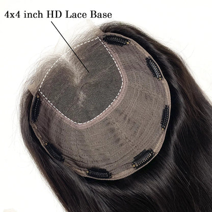Virgin Human Hair 8x8 Inch Wefted Topper – 4x4 Inch HD Lace Base, Natural Black & Brown Hair Clips, Hairpiece for Women