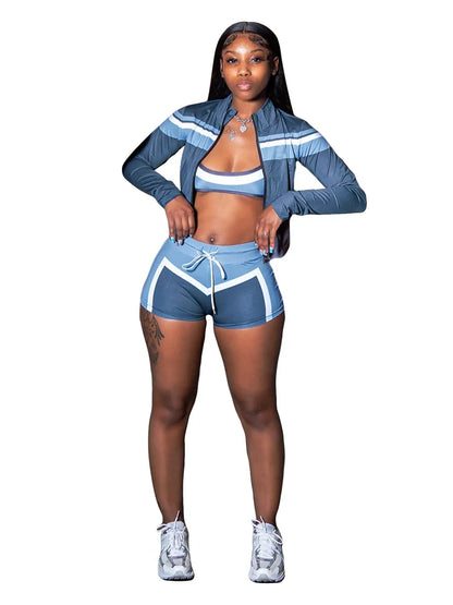 2025 Trending Women’s Summer 3-Piece Tracksuit – Color Block Sports Bra, Jacket & Shorts Gym Workout Set
