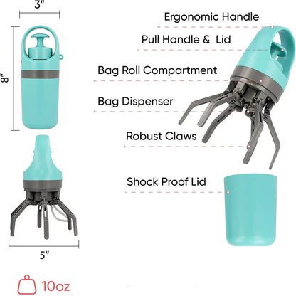 Portable Poop Scooper with Built-In Bag Dispenser - Lightweight Claw Waste Picker for Dogs - Pet Cleaner Tool