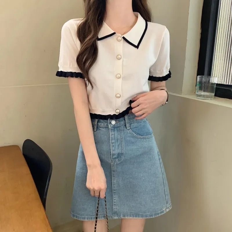 Women’s Summer Knitted Blouse — Chic Retro Slim Short Sleeve Crop Top, All-Match Style