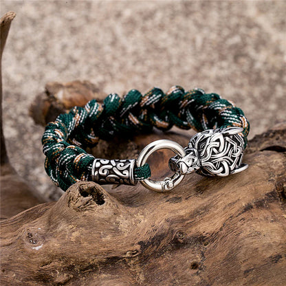 Vintage Norse Runes Celtic Wolf Survival Rope Bracelet - Handmade Stainless Steel Wristband for Men, Vikings Jewelry