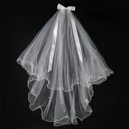 White Tulle Bow Veil Hairpin with Pearls – Elegant Bridal & Bachelorette Hair Clip for Weddings, Parties, and Gifts