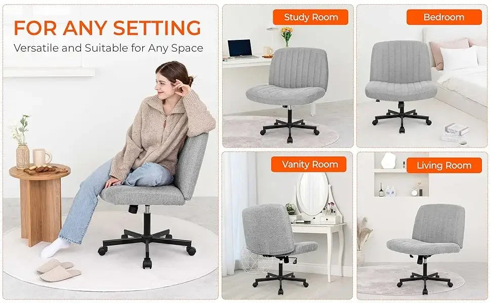 Adjustable Criss Cross Legged Armless Desk Chair - Ergonomic Swivel Reading Chair with Wheels for Bedroom Vanity