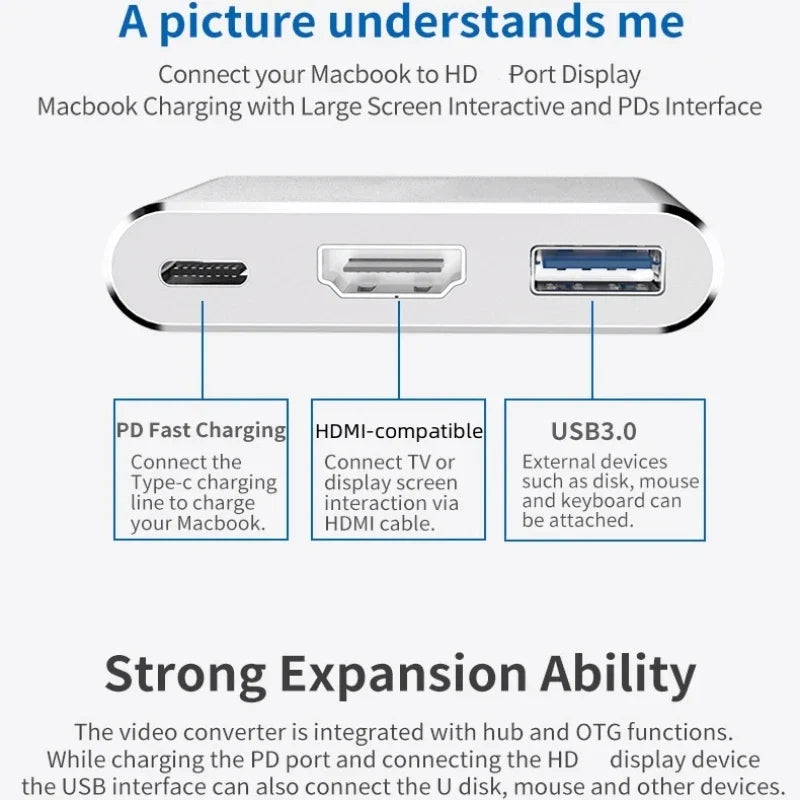 3-in-1 USB-C Hub Adapter – 4K HDMI, USB 3.0 & Charging Port Converter for MacBook Air 12 and Type-C Devices
