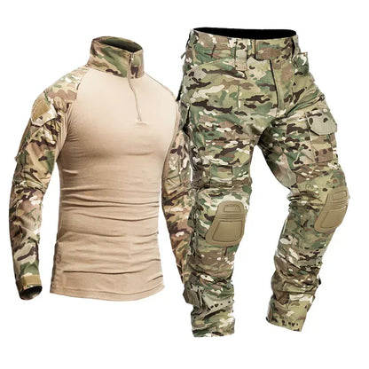 Men’s Camo Tactical Uniform Set | Ripstop Airsoft Suit with Multi-Pocket Pants & Training Shirt for Hunting or Paintball