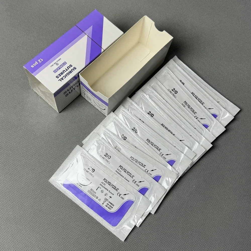 12PCS Absorbable Suture Threads for Pets — 90cm PGA Polyglycolic Acid Sutures with Needle | Sterile Veterinary Use