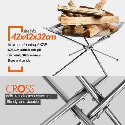 Foldable Stainless Steel Campfire Rack: Outdoor Camping Fire Pit Wood Stove Frame for BBQ, Bonfire in Garden or Backyard