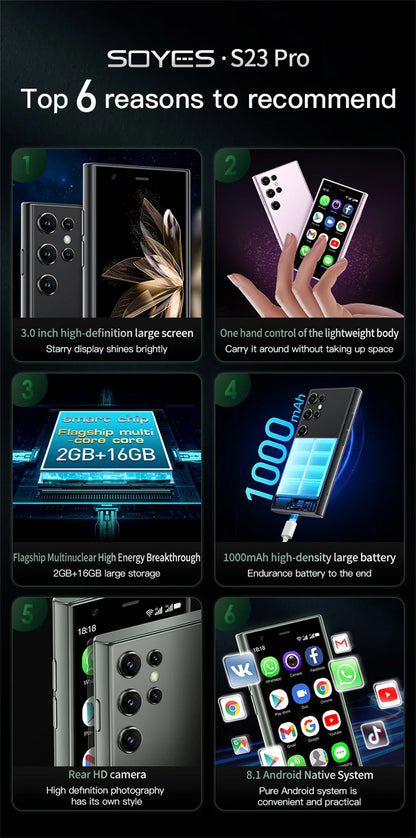 SOYES S23 Pro Mini Android Phone — 3.0" Display, 2GB RAM, 16GB ROM, Dual SIM, 1000mAh, 3G Compact Smartphone