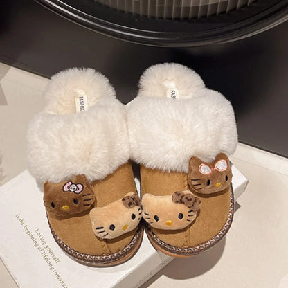 Sanrio Hello Kitty Winter Plush Slippers – Cute Fuzzy Warm Kawaii Women’s Home Shoes, Y2K Style, Non-Slip Outdoor Flats