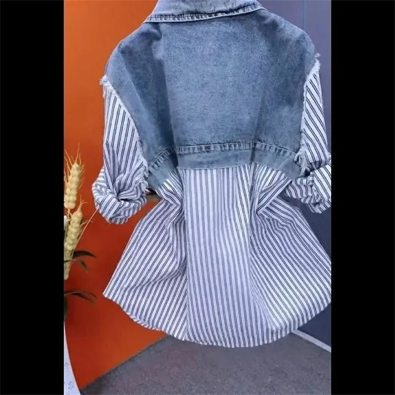 Women’s Denim Jacket – 2025 Casual Fashion, Fake Two Denim Shirts with Striped Stitching, Spring & Autumn Coat
