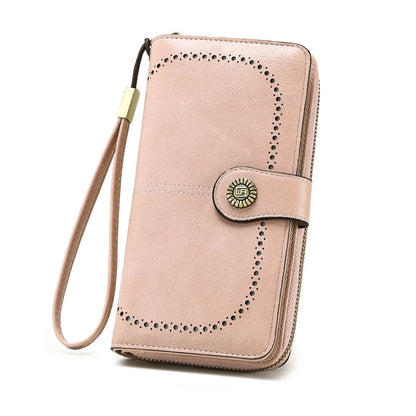 Vintage Large Capacity Women's Purse – Monochromatic Multi-Card Long Wallet with Zipper & Wrist Strap