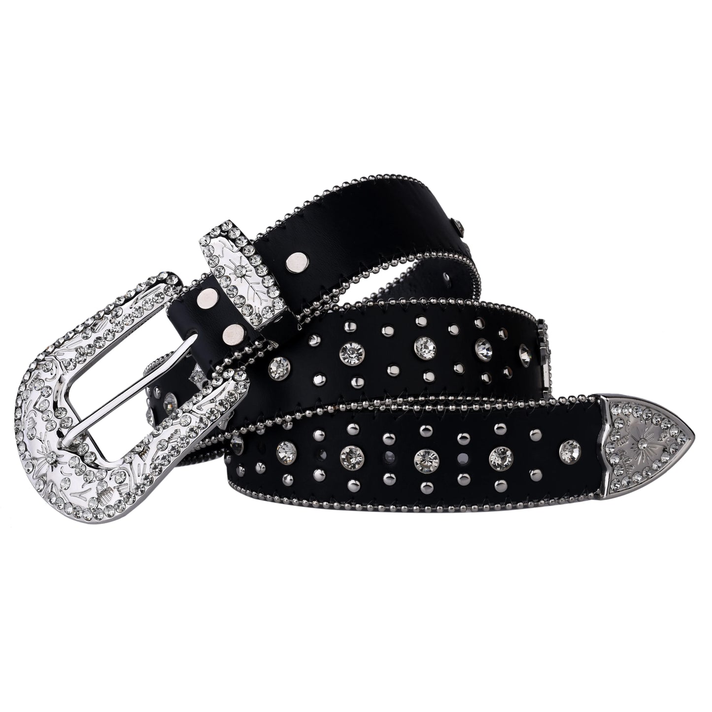 Black Cross Rivet Belt with Engraved Buckle – Rhinestone PU Punk Western Cowboy Cowgirl Jeans Belt