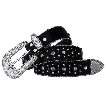 Black Cross Rivet Belt with Engraved Buckle – Rhinestone PU Punk Western Cowboy Cowgirl Jeans Belt